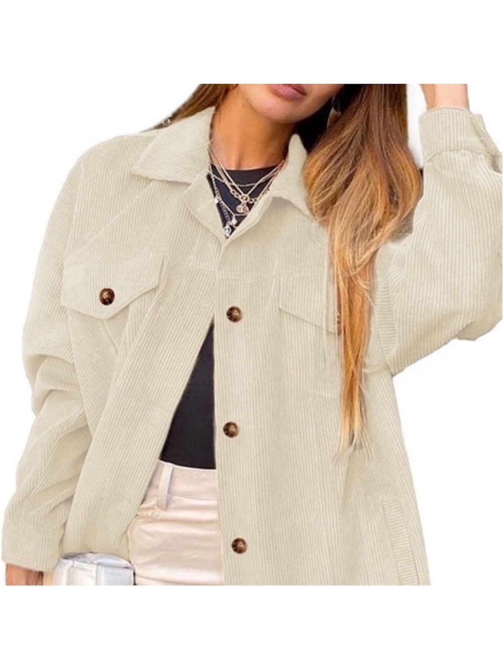 Simplee Apparel Cream Corduroy Utility Jacket
